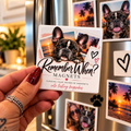 Hand holding a custom 2x2 Remember When? photo magnet with a French bulldog design, displayed on a refrigerator