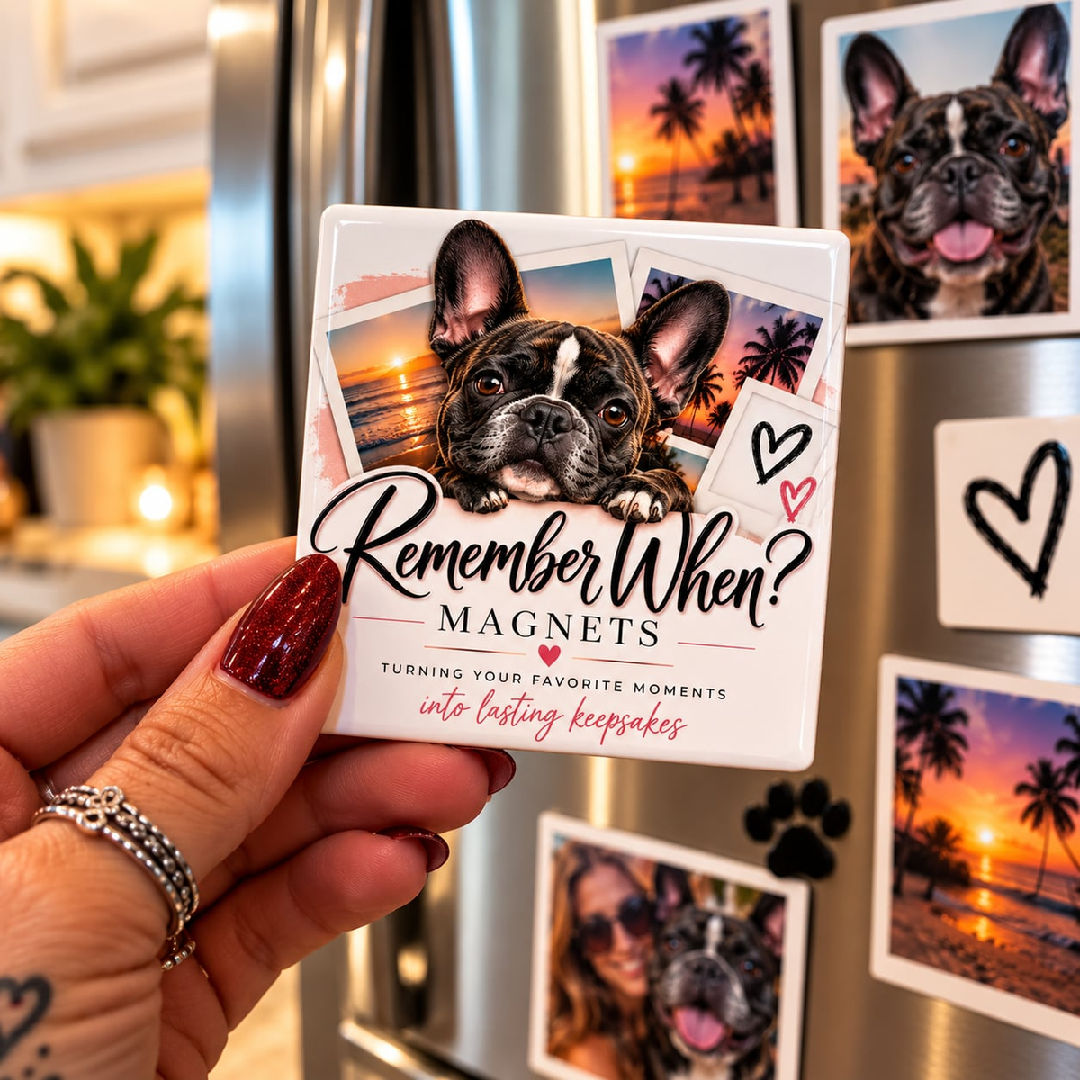Hand holding a custom 2x2 Remember When? photo magnet with a French bulldog design, displayed on a refrigerator
